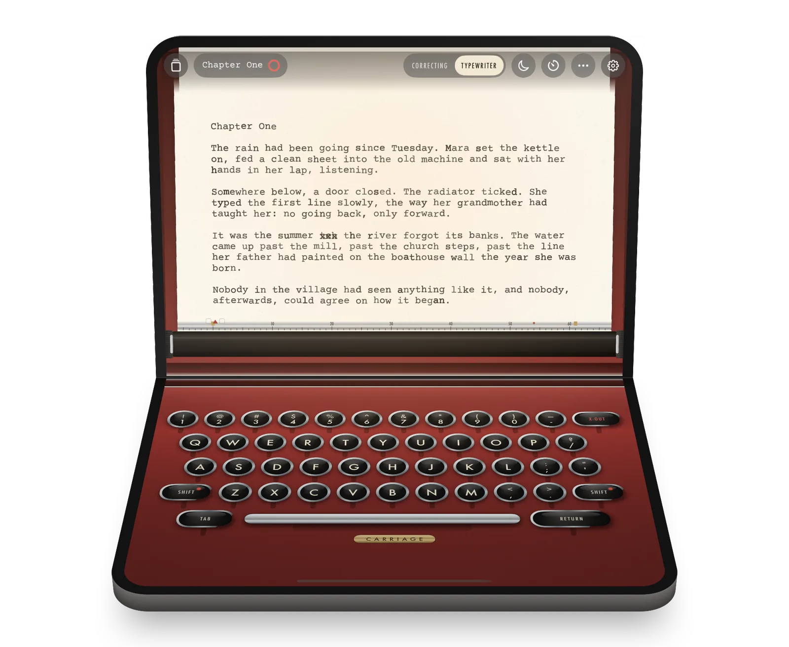 The Duo half-folded with a cherry red typewriter keyboard.