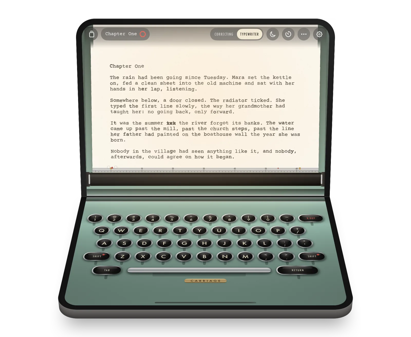 An iPhone Duo half-folded like a laptop, showing a typed page on the top half and round typewriter keys on the bottom half.