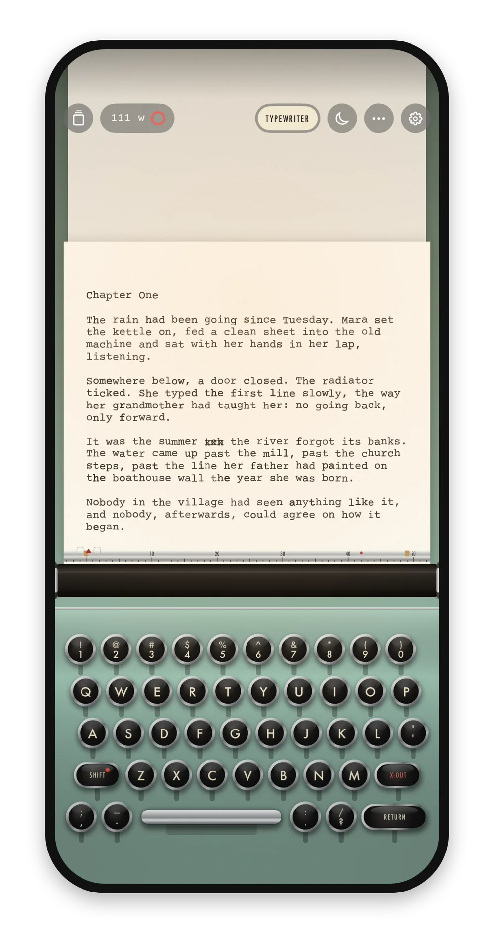 Carriage on an iPhone: the page above and the typewriter keys below on one screen.